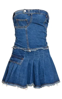 Mid Blue Wash Raw Edge Pleated Bandeau Denim Mini Dress