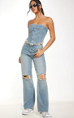 Mid Blue Wash Raw Edge Wide Leg Jeans