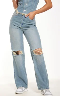 Mid Blue Wash Raw Edge Wide Leg Jeans