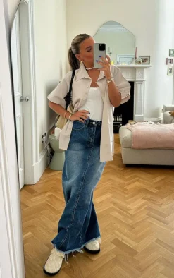 Mid Blue Wash Raw Hem Denim Maxi Skirt