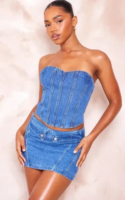 Mid Blue Wash Seam Detail Denim Corset Top