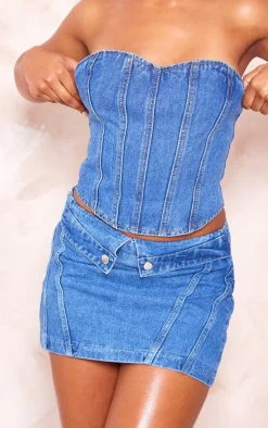 Mid Blue Wash Seam Detail Denim Corset Top