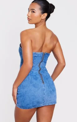 Mid Blue Wash Seam Detail Bandeau Denim Mini Dress