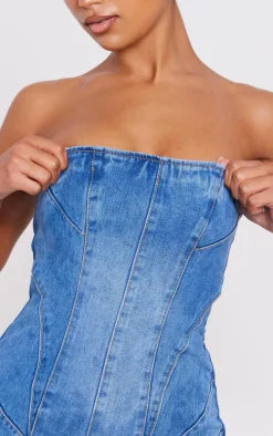 Mid Blue Wash Seam Detail Bandeau Denim Mini Dress