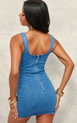 Mid Blue Wash Seam Detail Mini Dress