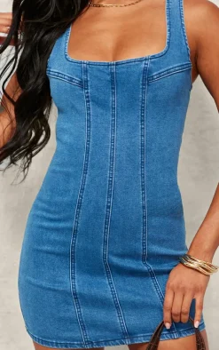 Mid Blue Wash Seam Detail Mini Dress