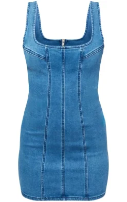 Mid Blue Wash Seam Detail Mini Dress