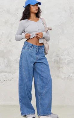 Mid Blue Wash Seam Detail Wide Leg Denim Jeans