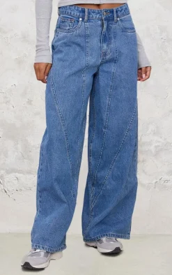 Mid Blue Wash Seam Detail Wide Leg Denim Jeans