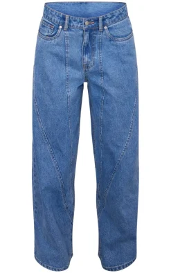 Mid Blue Wash Seam Detail Wide Leg Denim Jeans