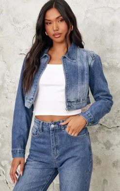 Mid Blue Wash Seam Detail Cropped Denim Jacket