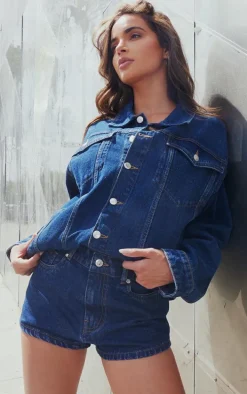 Mid Blue Wash Seam Detail Pocket Detail Button Up Denim Jacket