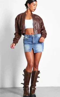 Mid Blue Wash Split Front Denim Mini Skirt