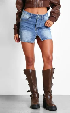 Mid Blue Wash Split Front Denim Mini Skirt