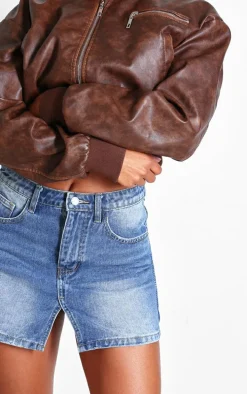 Mid Blue Wash Split Front Denim Mini Skirt