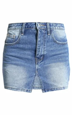 Mid Blue Wash Split Front Denim Mini Skirt