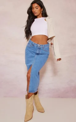 Mid Blue Wash Split Front Mid Rise Denim Midi Skirt