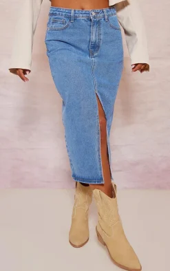 Mid Blue Wash Split Front Mid Rise Denim Midi Skirt