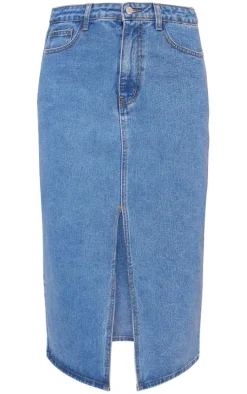 Mid Blue Wash Split Front Mid Rise Denim Midi Skirt