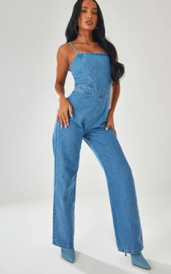 Mid Blue Wash Strappy Back Detail Denim Jumpsuit