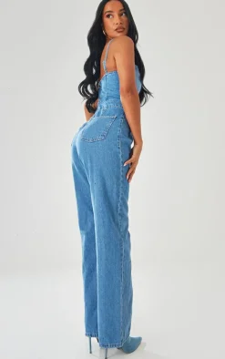 Mid Blue Wash Strappy Back Detail Denim Jumpsuit