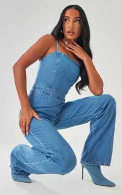Mid Blue Wash Strappy Back Detail Denim Jumpsuit