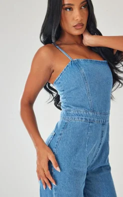 Mid Blue Wash Strappy Back Detail Denim Jumpsuit