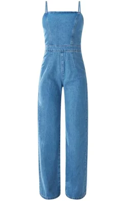 Mid Blue Wash Strappy Back Detail Denim Jumpsuit