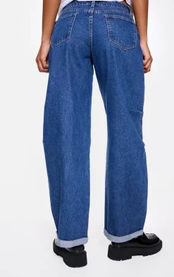 Mid Blue Wash Turn Up Hem Barrel Style Jeans