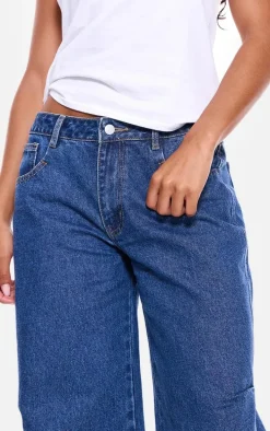 Mid Blue Wash Turn Up Hem Barrel Style Jeans