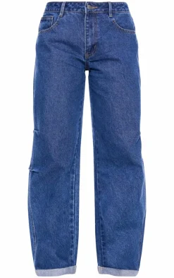 Mid Blue Wash Turn Up Hem Barrel Style Jeans