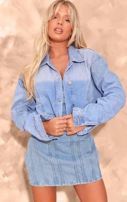 Mid Blue Wash Upside Down Waistband Crop Denim Jacket