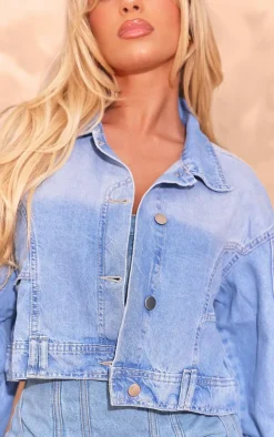 Mid Blue Wash Upside Down Waistband Crop Denim Jacket