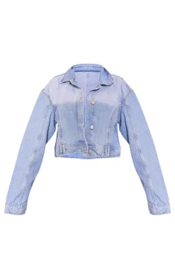 Mid Blue Wash Upside Down Waistband Crop Denim Jacket
