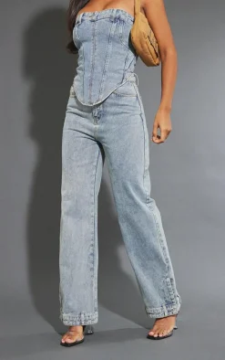 Mid Blue Wash Waistband Detail Hem Straight Leg Jeans