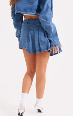 Mid Blue Wash Washed Pocket Detail Asymmetric Micro Mini Denim Skirt