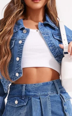 Mid Blue Wash Washed Pocket Detail Asymmetric Micro Mini Denim Skirt