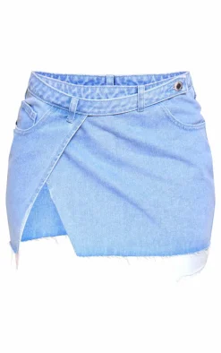 Mid Blue Wash Wrap Style Denim Mini Skirt