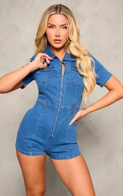 Mid Blue Wash Zip Front Denim Boilersuit