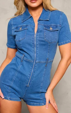 Mid Blue Wash Zip Front Denim Boilersuit
