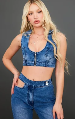 Mid Blue Wash Zip Through Denim Top