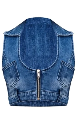 Mid Blue Wash Zip Through Denim Top