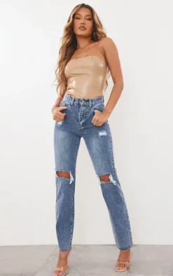 Mid Wash High Rise Ripped Straight Leg Jeans