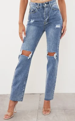 Mid Wash High Rise Ripped Straight Leg Jeans