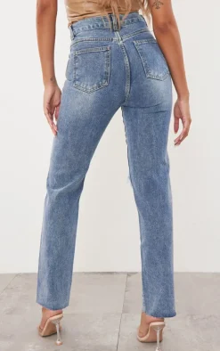 Mid Wash High Rise Ripped Straight Leg Jeans