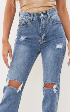 Mid Wash High Rise Ripped Straight Leg Jeans