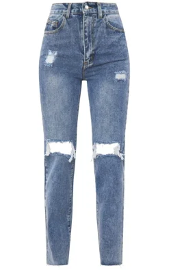 Mid Wash High Rise Ripped Straight Leg Jeans