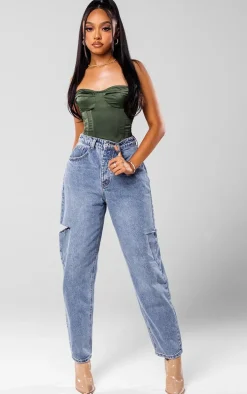 Mid Wash Thigh Split Baggy Boyfriend Jeans