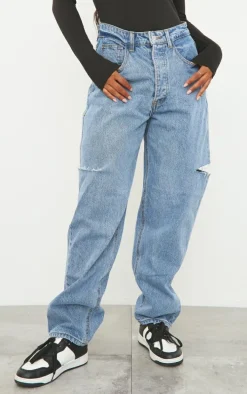 Mid Wash Thigh Split Baggy Boyfriend Jeans