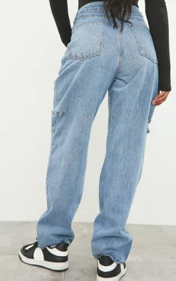 Mid Wash Thigh Split Baggy Boyfriend Jeans